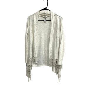Zozo Open Front Cardigan Sweater White Gray Sz Medium Long Sleeve Fringe Hem